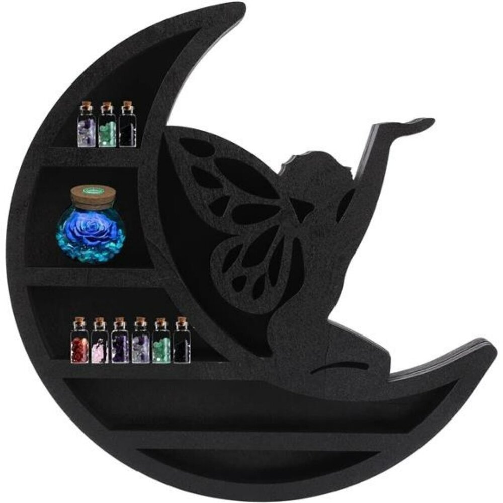 Wall Mounted Moon Shelf Crystal Display Stand Floating Wood Shelf Room Decor
